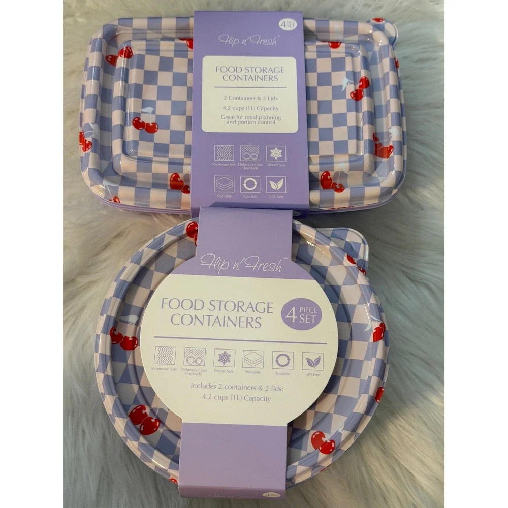 Gossi Flip n Fresh Food Storage Containers 4pc Set Blue Checkered Cherry Pattern